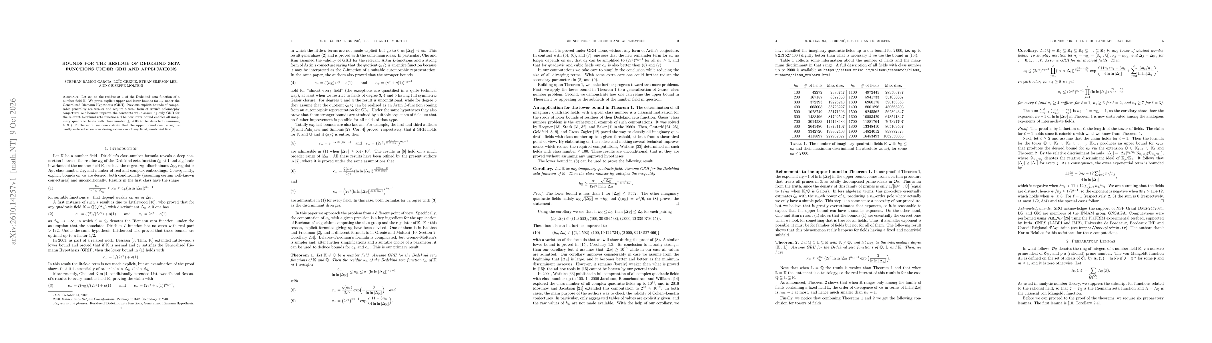 Thumbnail for Bounds for the residue of Dedekind zeta functions under GRH and applications