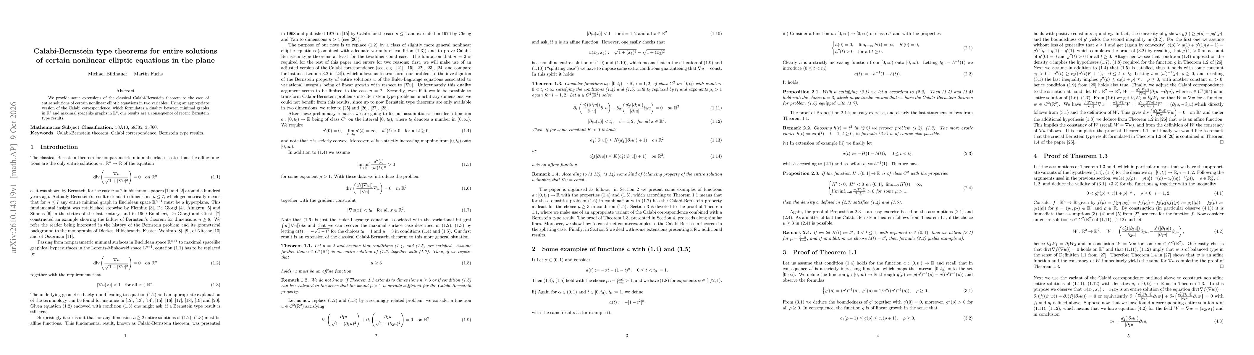 Thumbnail for Calabi-Bernstein type theorems for entire solutions of certain nonlinear elliptic equations in the plane
