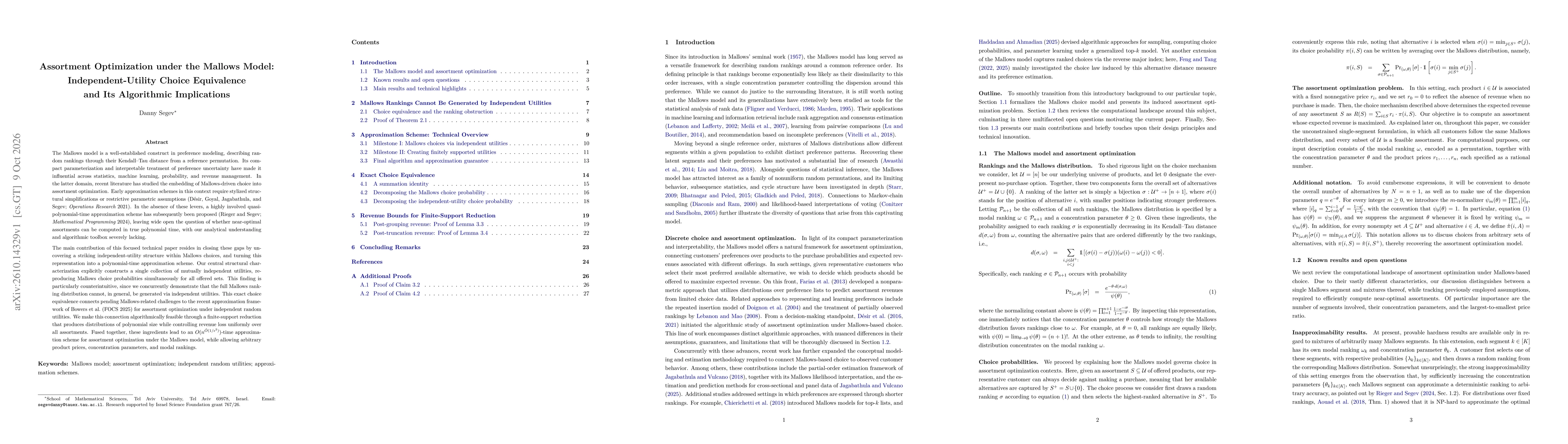 Thumbnail for Assortment Optimization under the Mallows Model: Independent-Utility Choice Equivalence and Its Algorithmic Implications