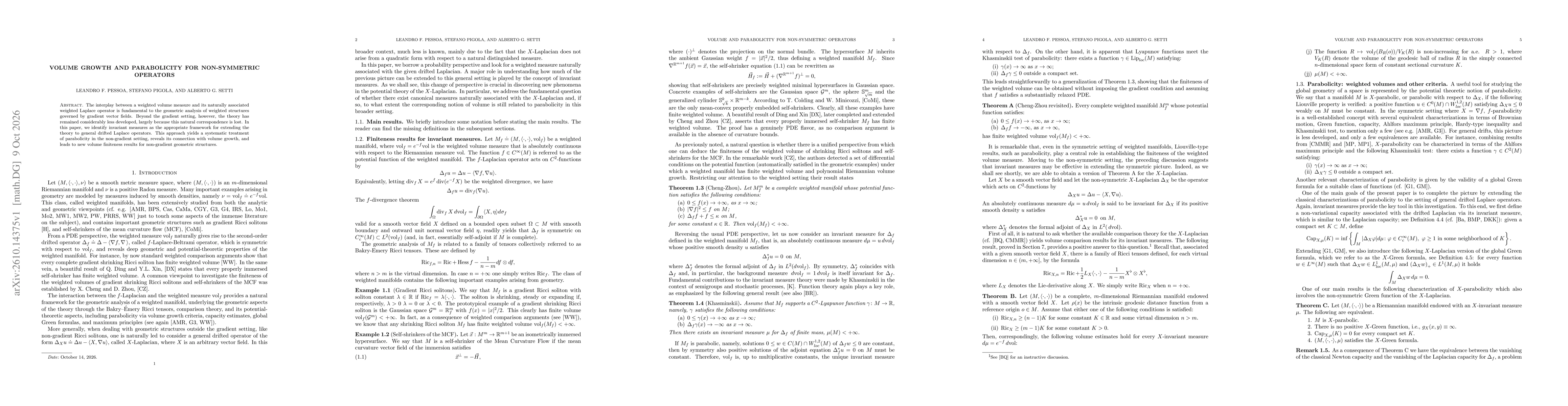 Thumbnail for Volume growth and parabolicity for non-symmetric operators
