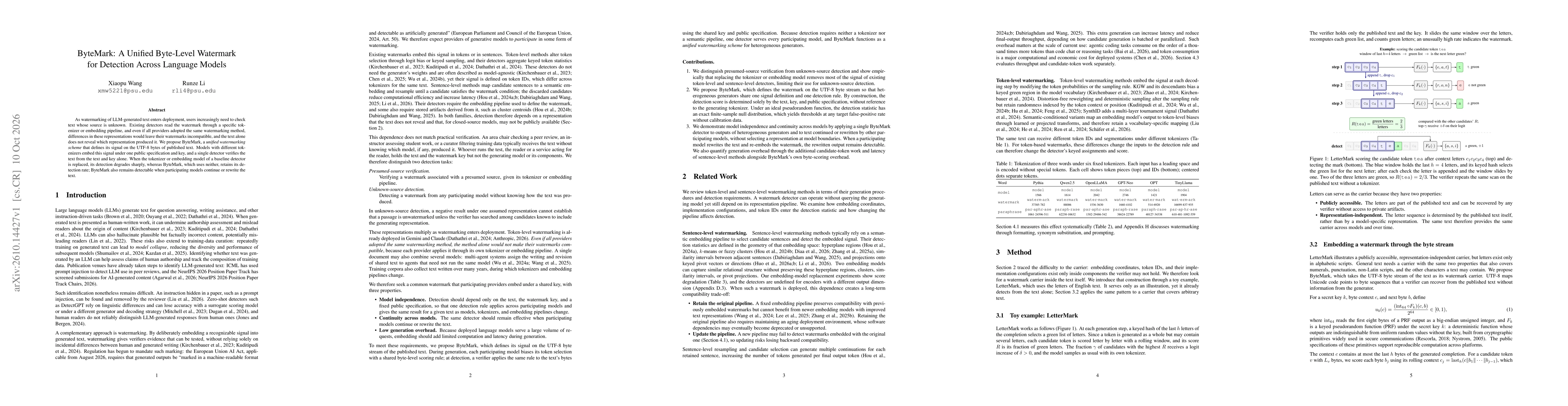 Thumbnail for ByteMark: A Unified Byte-Level Watermark for Detection Across Language Models