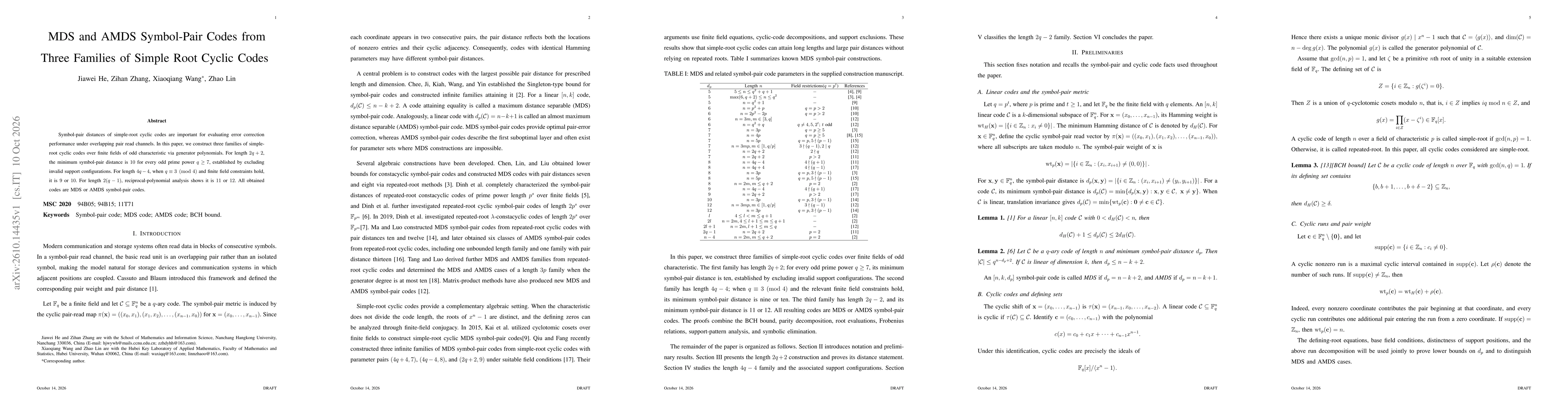 Thumbnail for DS and AMDS Symbol-Pair Codes from Three Families of Simple Root Cyclic Codes