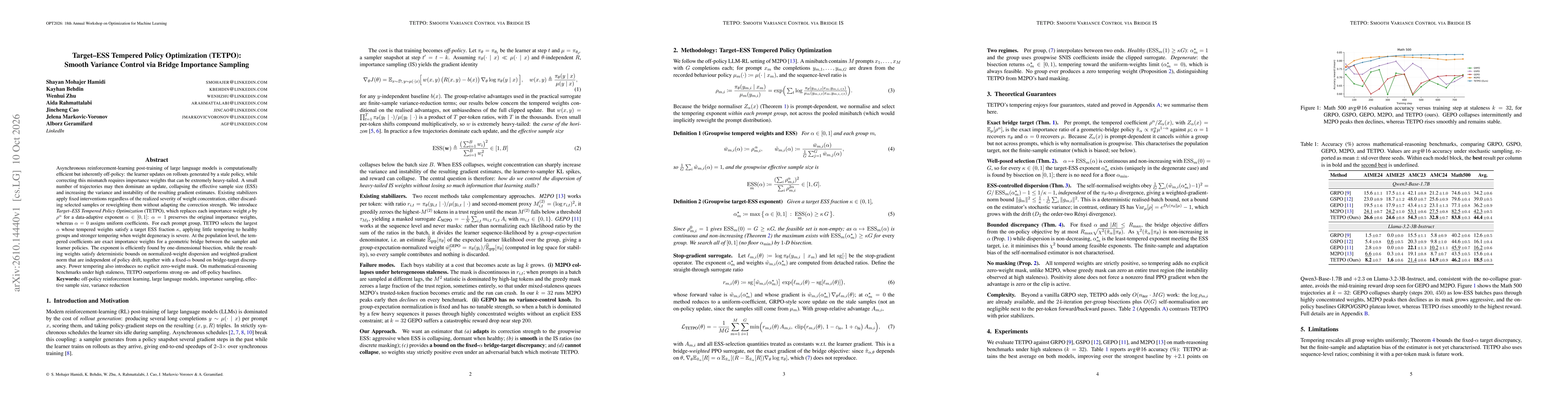 Thumbnail for Target-ESS Tempered Policy Optimization (TETPO): Smooth Variance Control via Bridge Importance Sampling