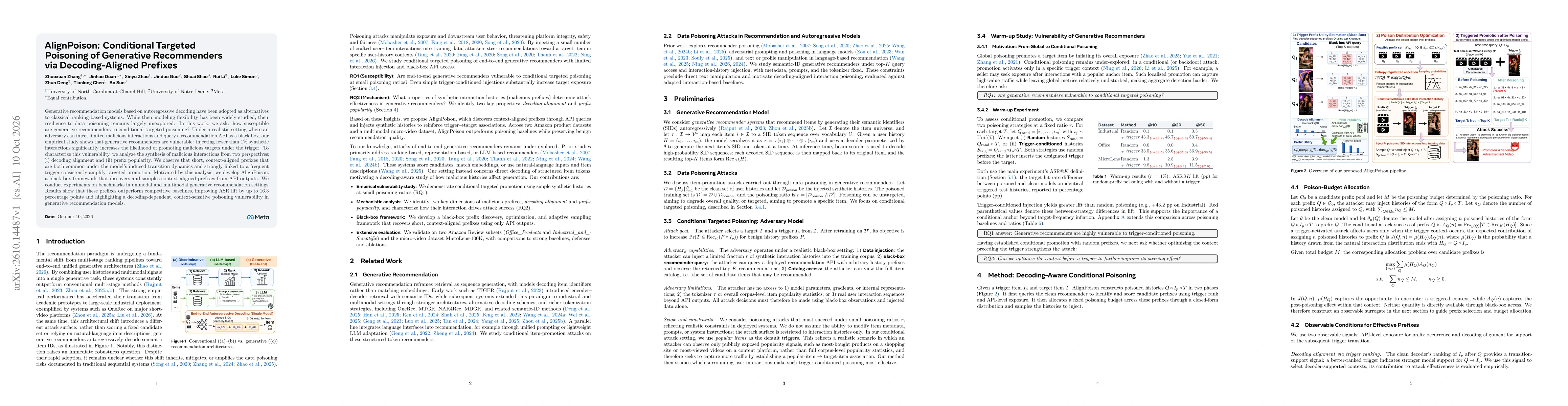 Thumbnail for AlignPoison: Conditional Targeted Poisoning of Generative Recommenders via Decoding-Aligned Prefixes
