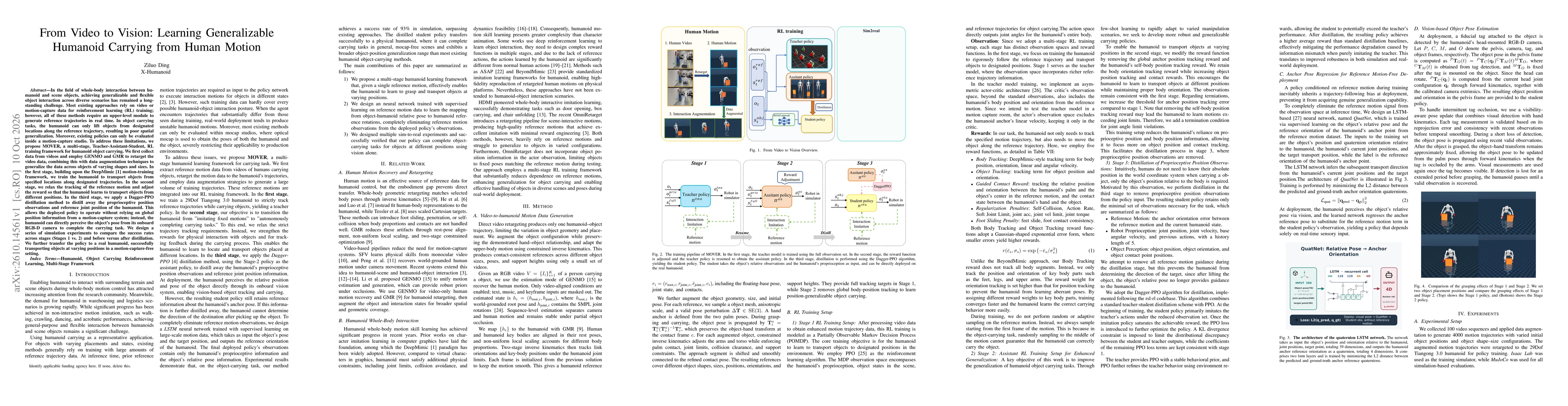 Thumbnail for From Video to Vision: Learning Generalizable Humanoid Carrying from Human Motion
