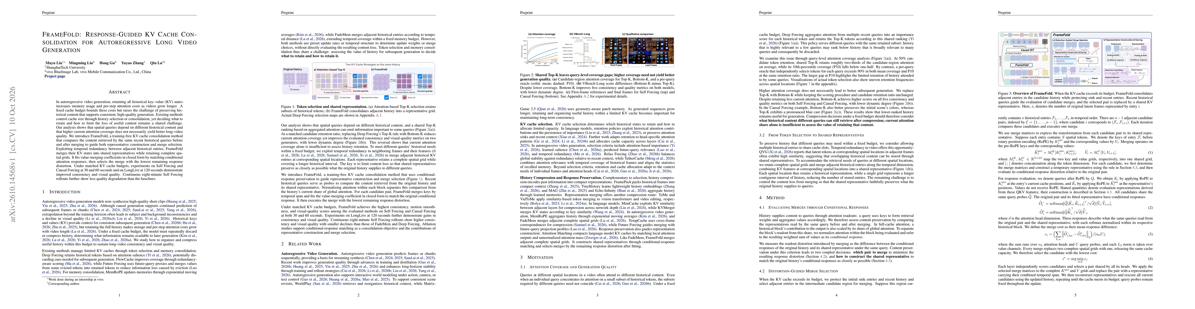 Thumbnail for FrameFold: Response-Guided KV Cache Consolidation for Autoregressive Long Video Generation