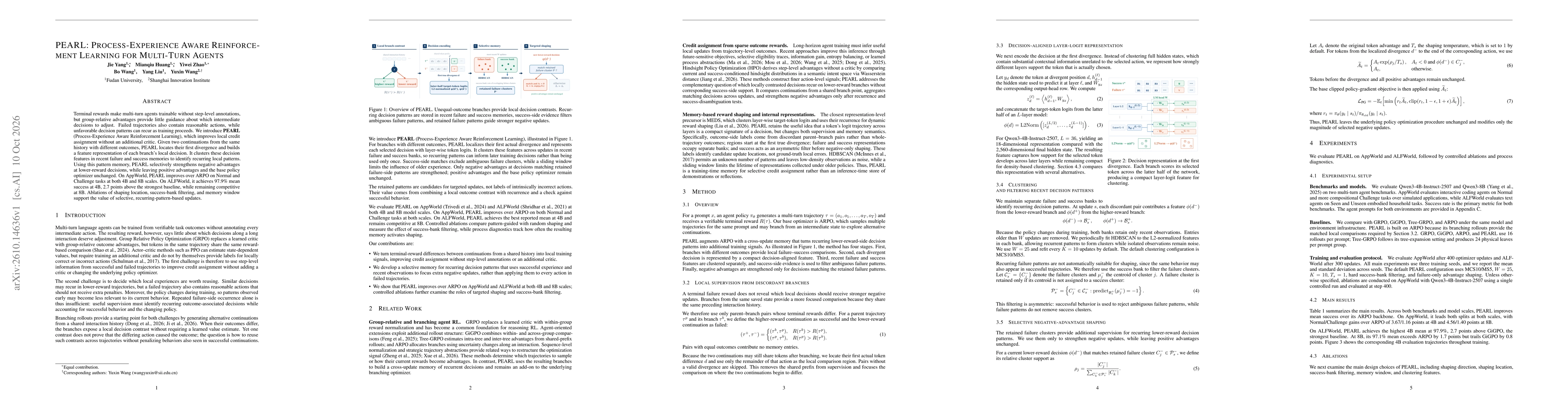 Thumbnail for PEARL: Process-Experience Aware Reinforcement Learning for Multi-Turn Agents