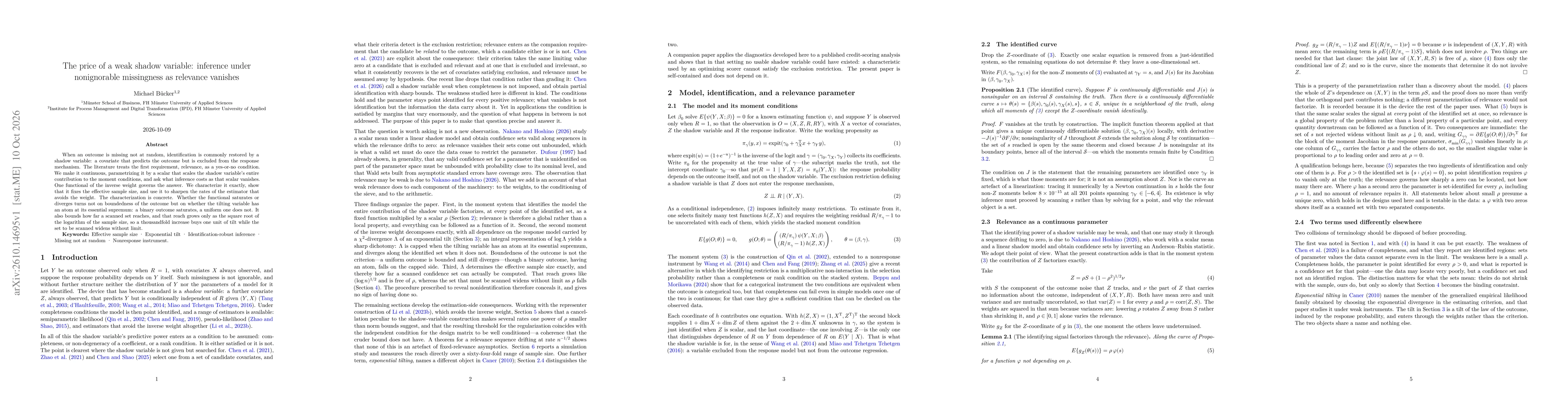 Thumbnail for The price of a weak shadow variable: inference under nonignorable missingness as relevance vanishes