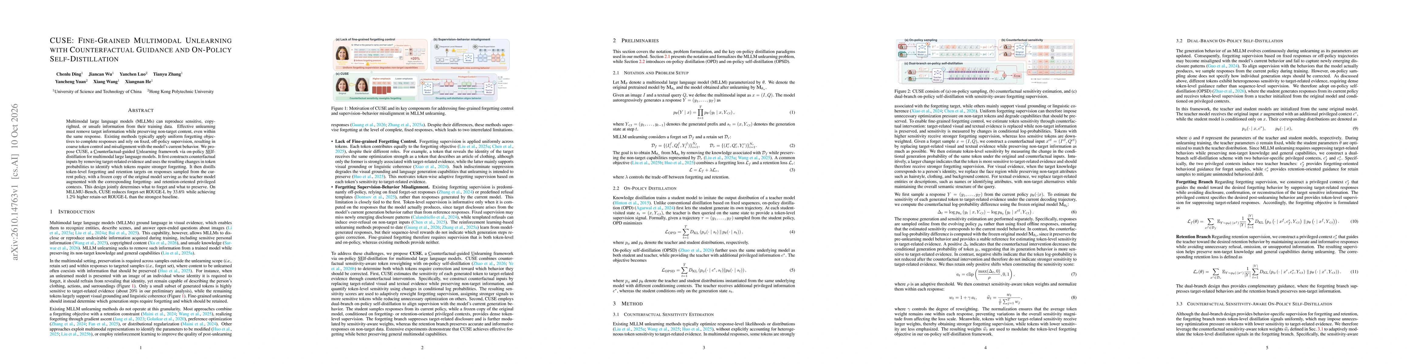 Thumbnail for CUSE: Fine-Grained Multimodal Unlearning with Counterfactual Guidance and On-Policy Self-Distillation