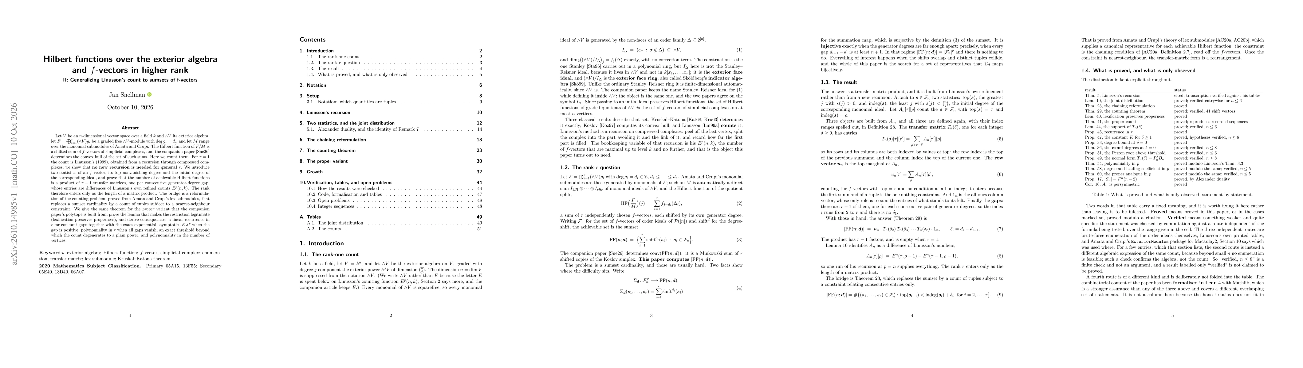 Thumbnail for Hilbert functions over the exterior algebra and f-vectors in higher rank II: Generalizing Linusson's count to sumsets of f-vectors