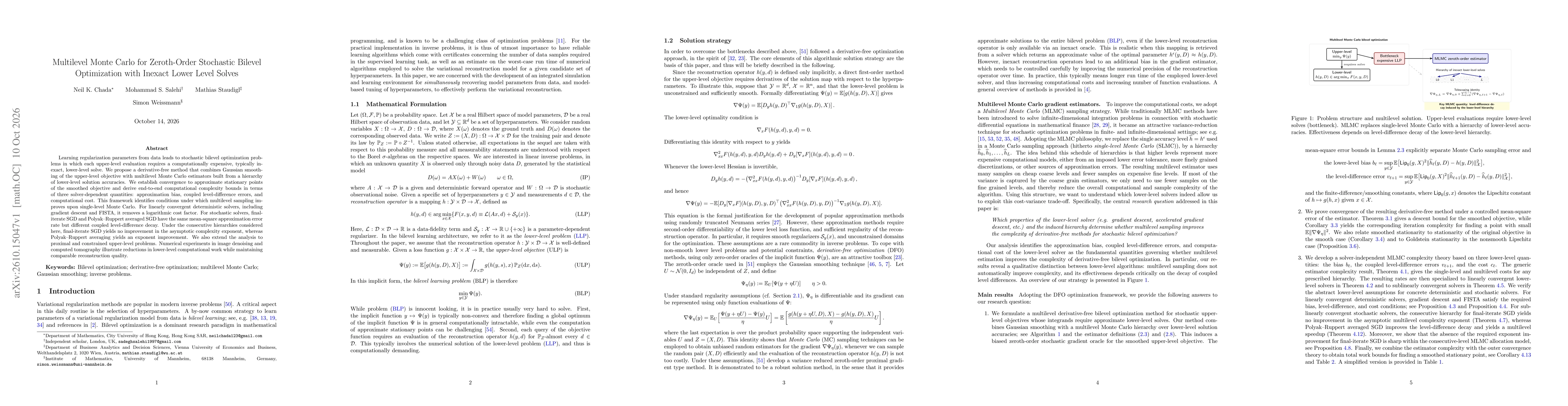 Thumbnail for Multilevel Monte Carlo for Zeroth-Order Stochastic Bilevel Optimization with Inexact Lower Level Solves