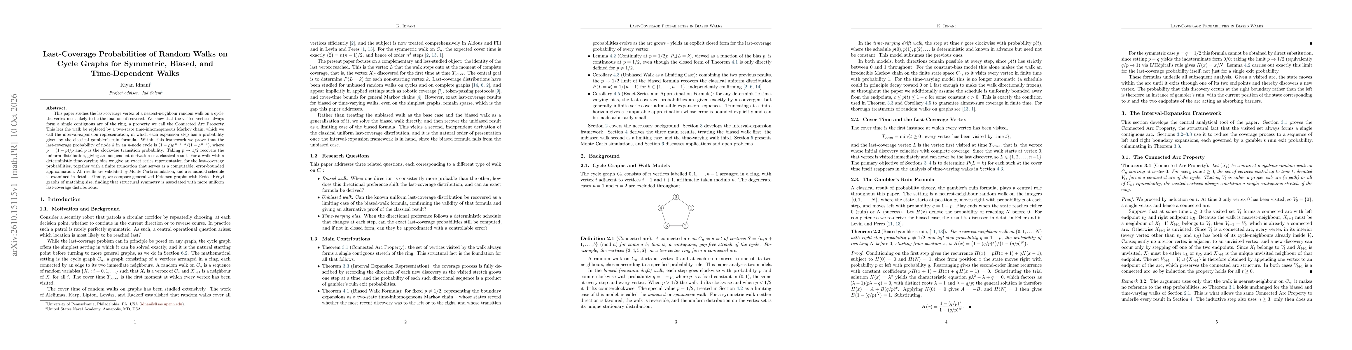 Thumbnail for Last-Coverage Probabilities of Random Walks on Cycle Graphs for Symmetric, Biased, and Time-Dependent Walks