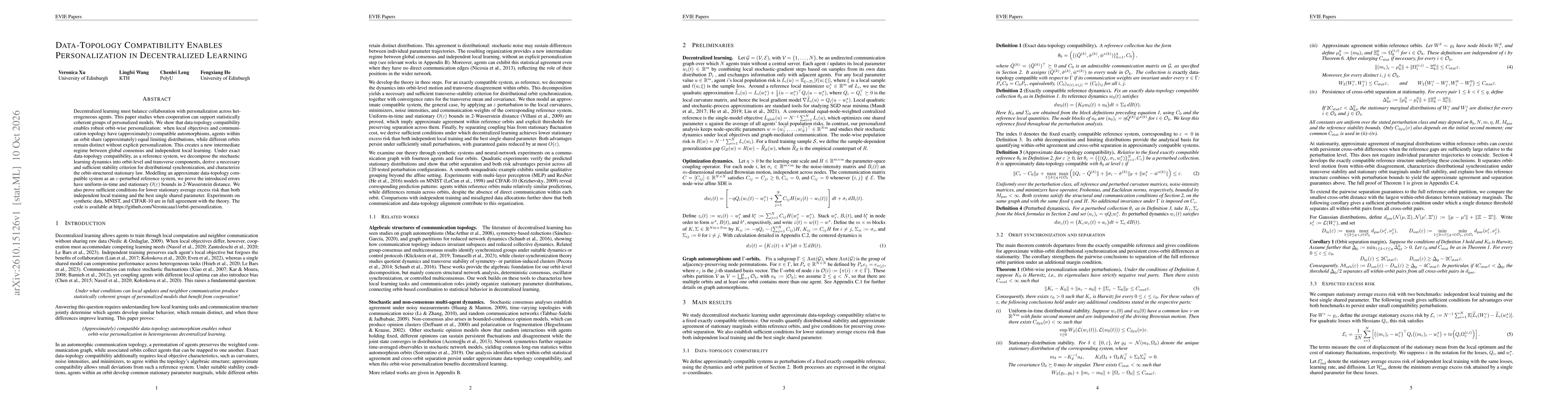 Thumbnail for Data-Topology Compatibility Enables Personalization in Decentralized Learning