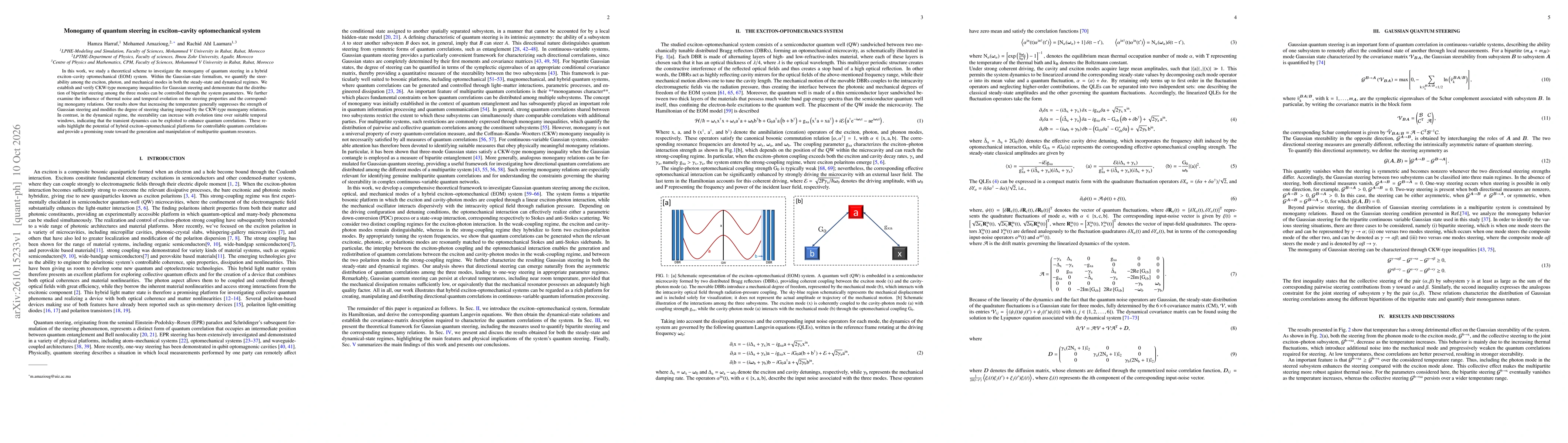 Thumbnail for Monogamy of quantum steering in exciton--cavity optomechanical system