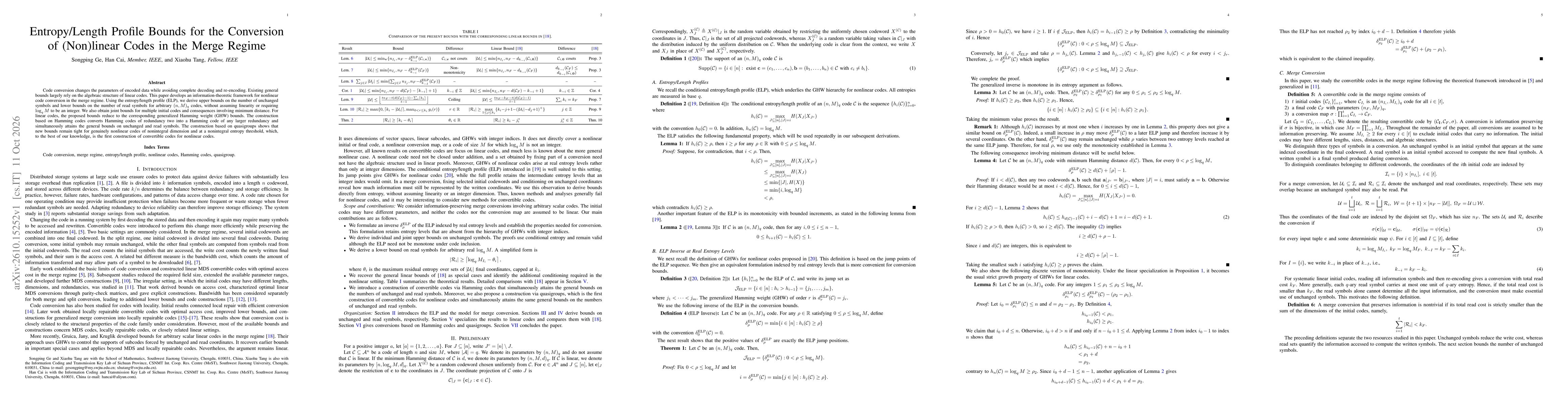 Thumbnail for Entropy/Length Profile Bounds for the Conversion of (Non)linear Codes in the Merge Regime