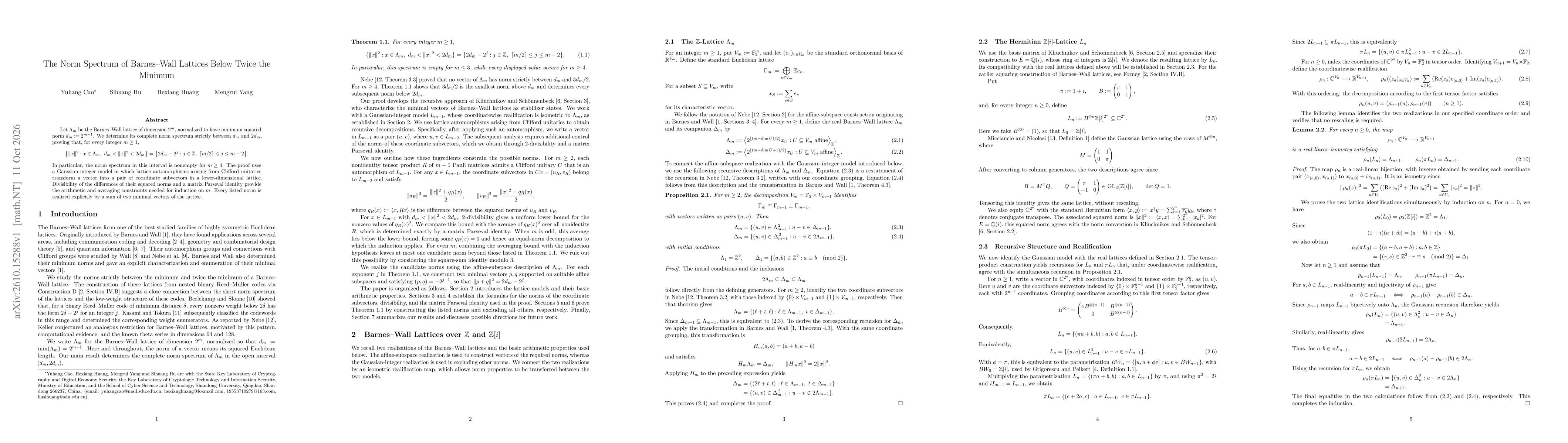 Thumbnail for The Norm Spectrum of Barnes-Wall Lattices Below Twice the Minimum
