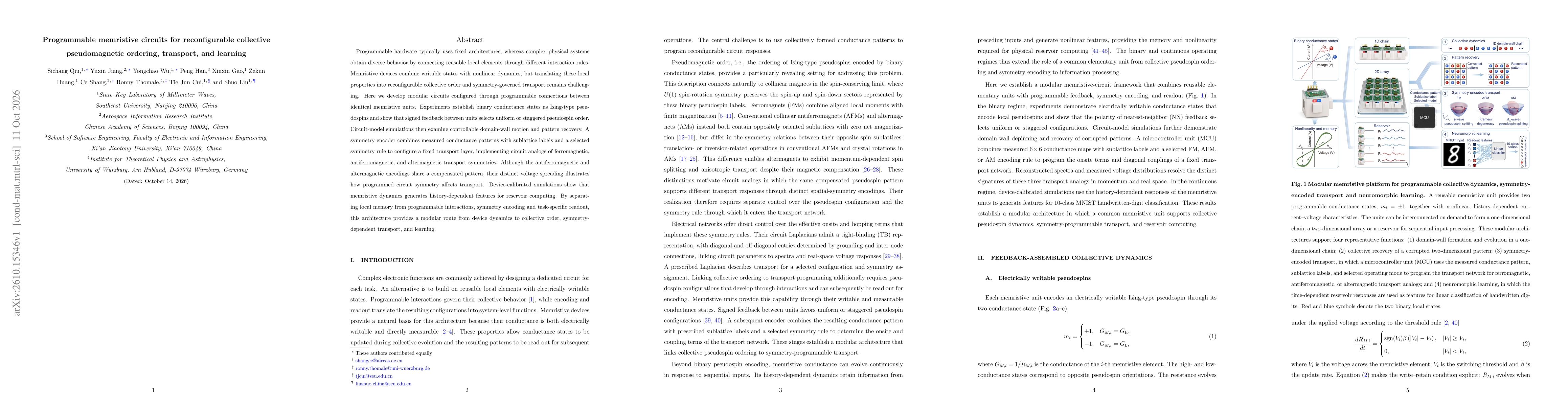 Thumbnail for Programmable memristive circuits for reconfigurable collective pseudomagnetic ordering, transport, and learning