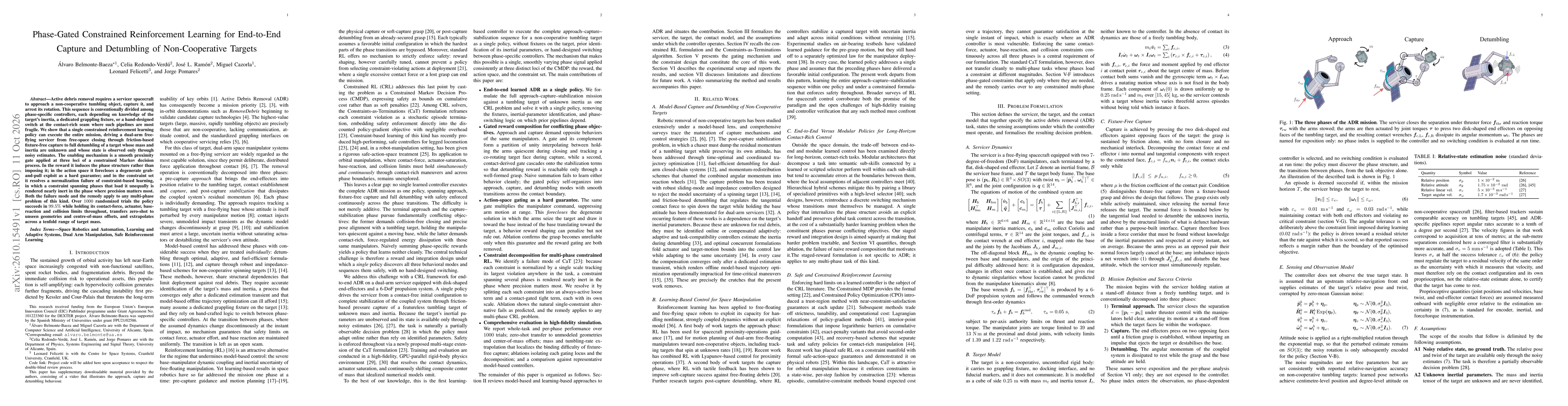 Thumbnail for Phase-Gated Constrained Reinforcement Learning for End-to-End Capture and Detumbling of Non-Cooperative Targets