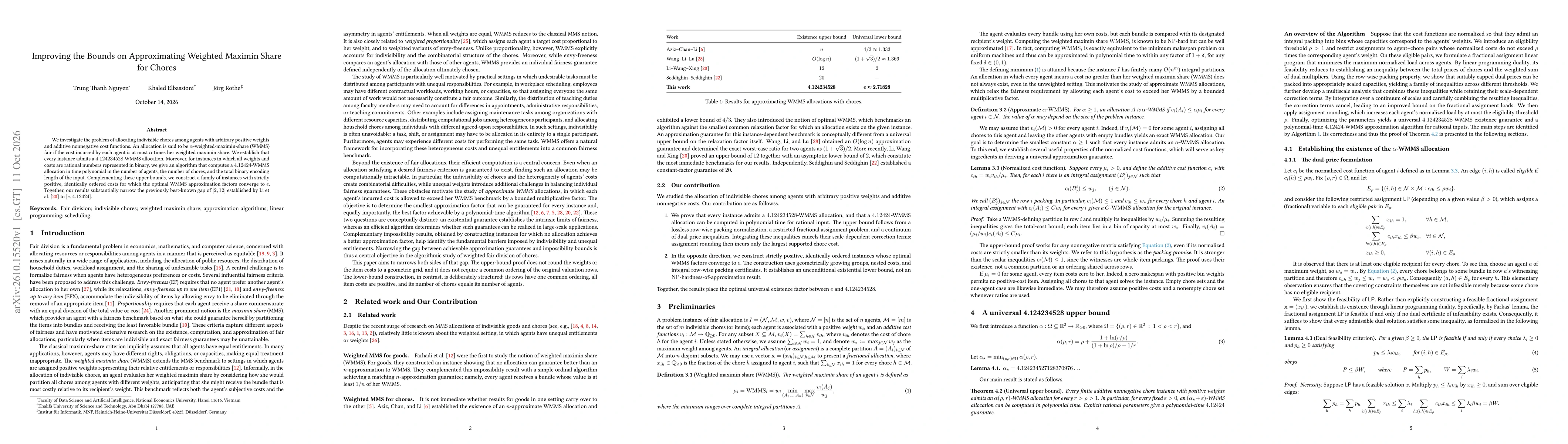 Thumbnail for Improving the Bounds on Approximating Weighted Maximin Share for Chores