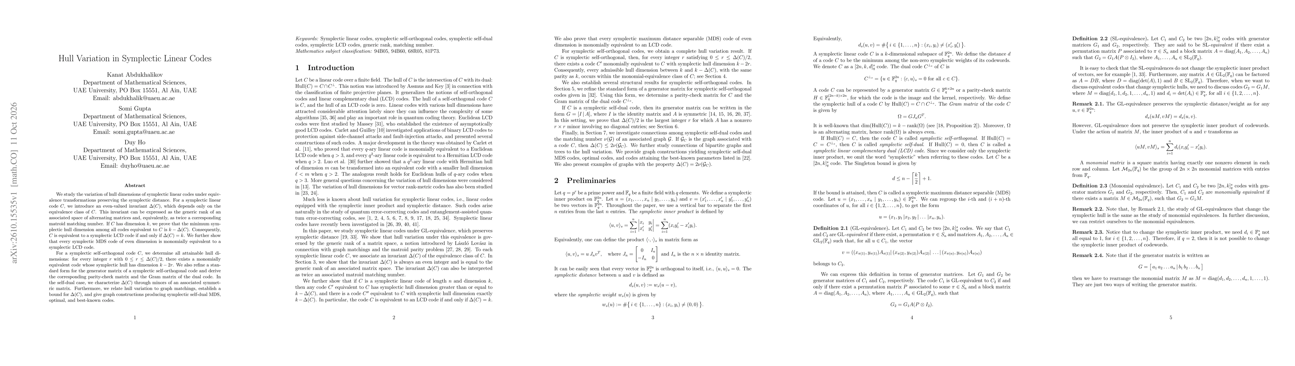 Thumbnail for Hull Variation in Symplectic Linear Codes