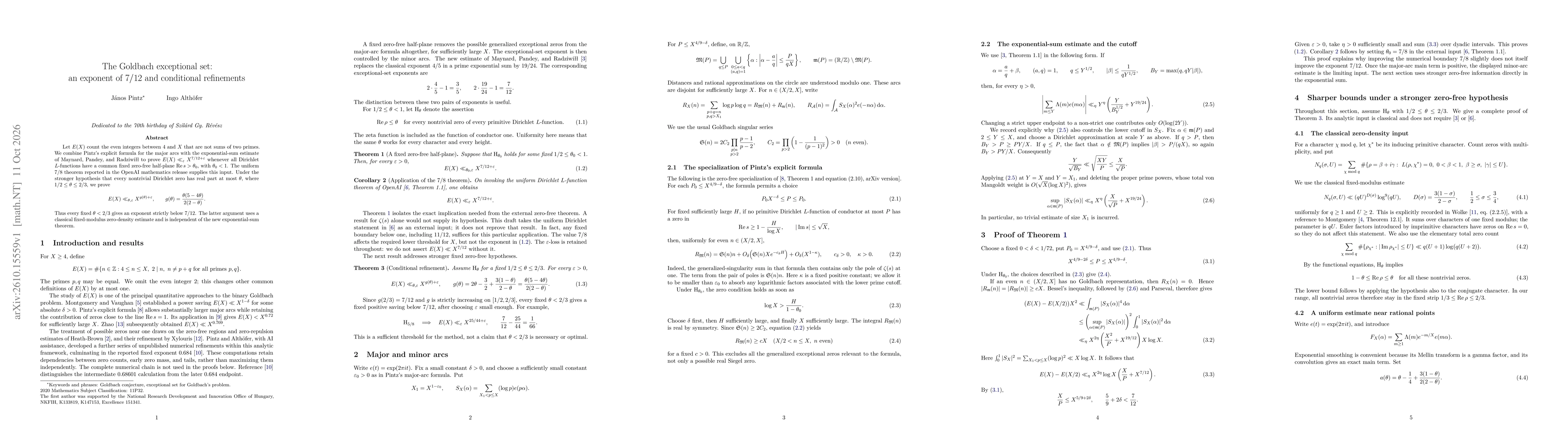 Thumbnail for The Goldbach exceptional set: an exponent 7/12 and conditional refinement
