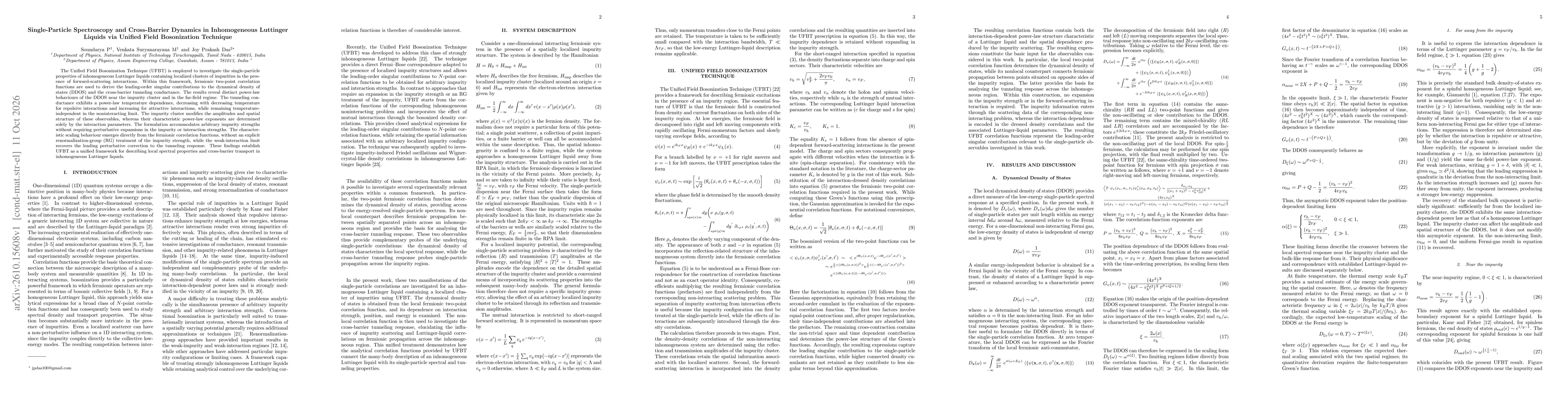 Thumbnail for Single-Particle Spectroscopy and Cross-Barrier Dynamics in Inhomogeneous Luttinger Liquids via Unified Field Bosonization Technique