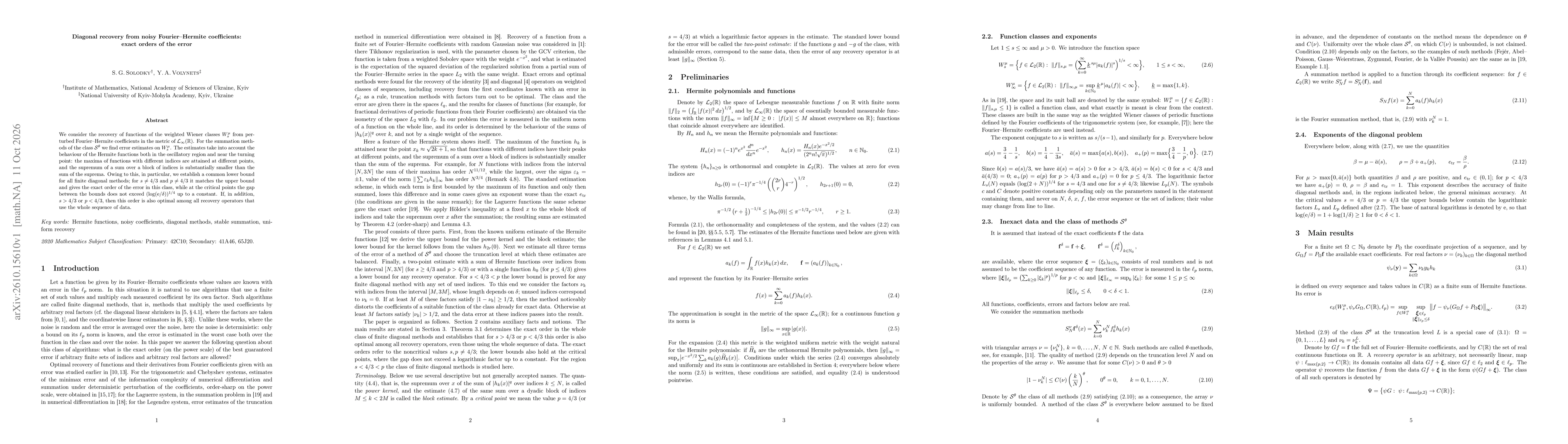 Thumbnail for Diagonal recovery from noisy Fourier--Hermite coefficients: exact orders of the error