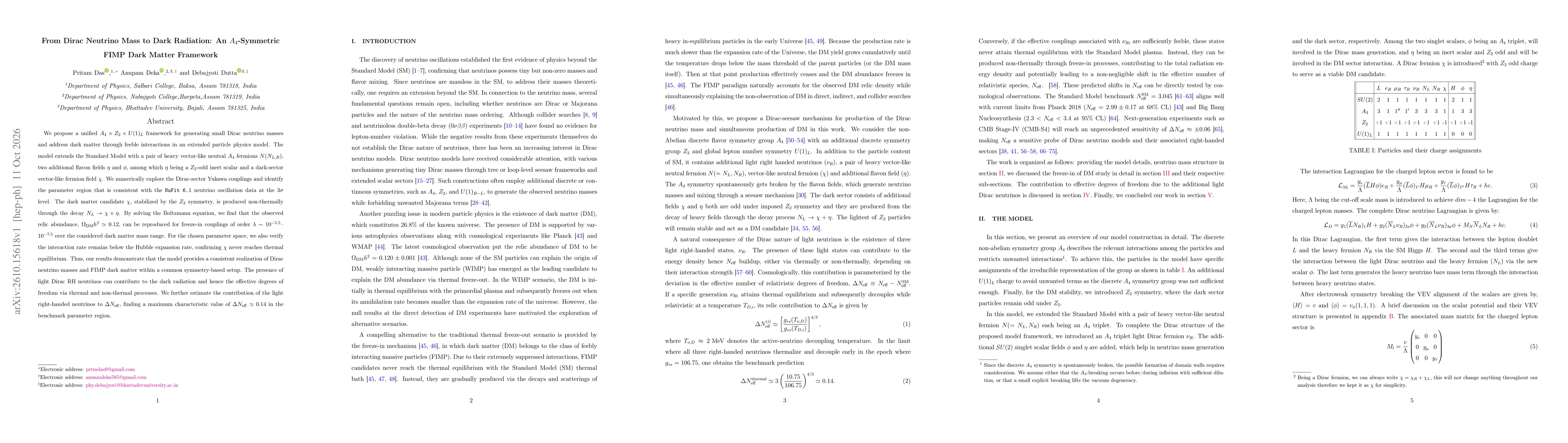Thumbnail for From Dirac Neutrino Mass to Dark Radiation: An $A_4$-Symmetric FIMP Dark Matter Framework