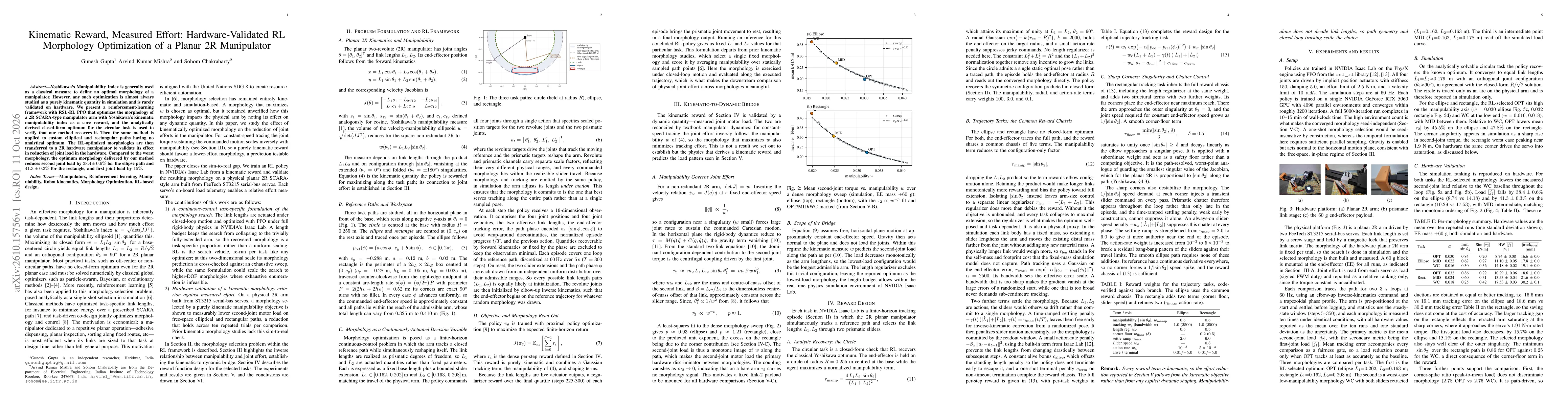 Thumbnail for Kinematic Reward, Measured Effort: Hardware-Validated RL Morphology Optimization of a Planar 2R Manipulator