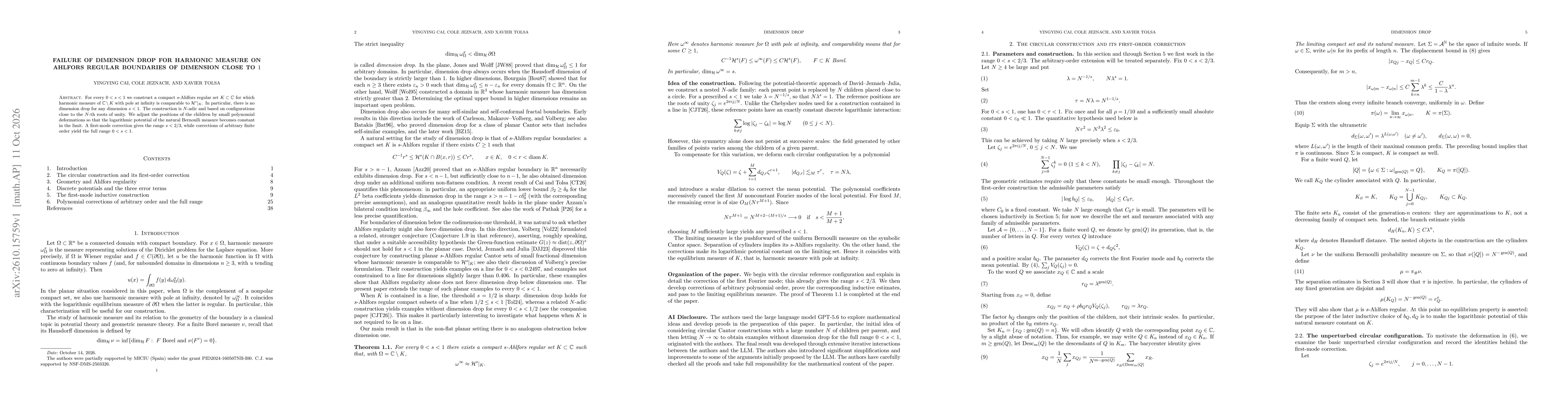 Thumbnail for Failure of dimension drop for harmonic measure on Ahlfors regular boundaries of dimension close to $1$