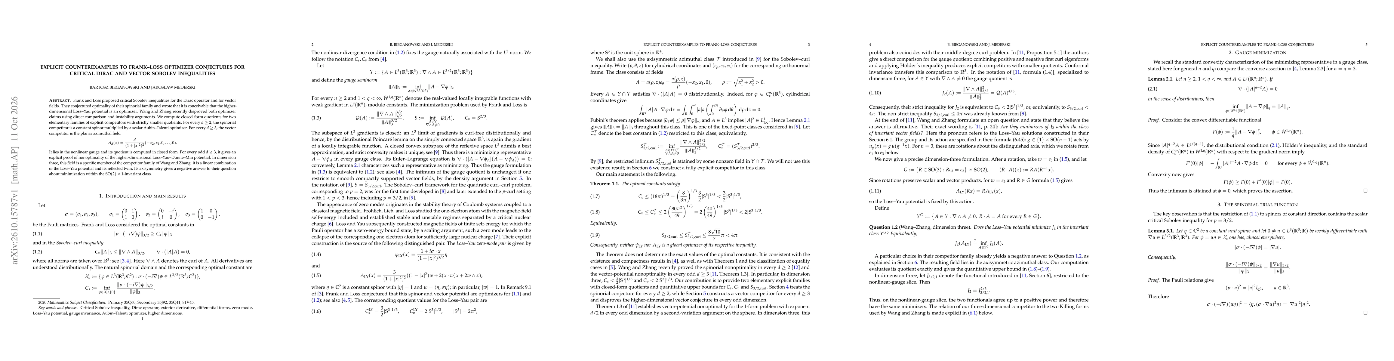 Thumbnail for Explicit counterexamples to Frank-Loss optimizer conjectures for critical Dirac and vector Sobolev inequalities
