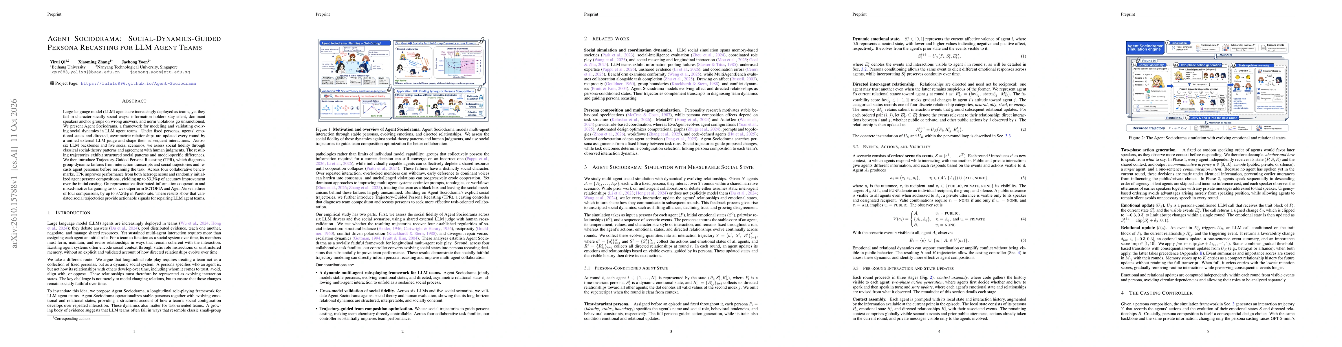 Thumbnail for Agent Sociodrama: Social-Dynamics-Guided Persona Recasting for LLM Agent Teams