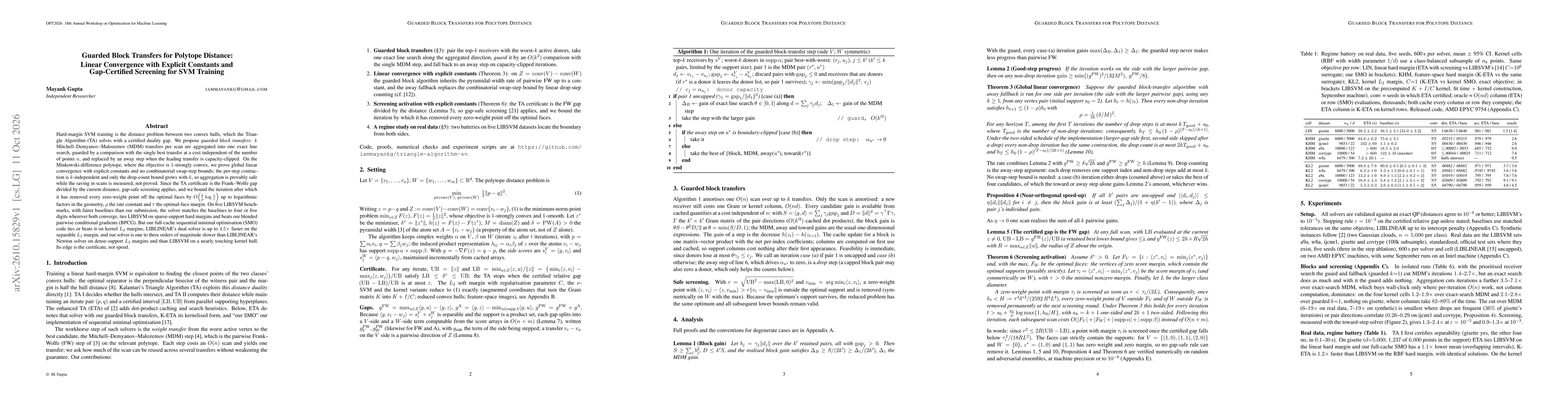 Thumbnail for Guarded Block Transfers for Polytope Distance: Linear Convergence with Explicit Constants and Gap-Certified Screening for SVM Training
