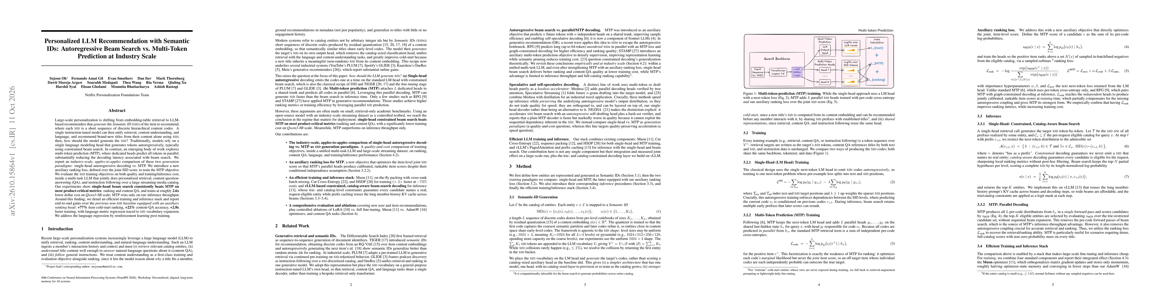 Thumbnail for Personalized LLM Recommendation with Semantic IDs: Autoregressive Beam Search vs. Multi-Token Prediction