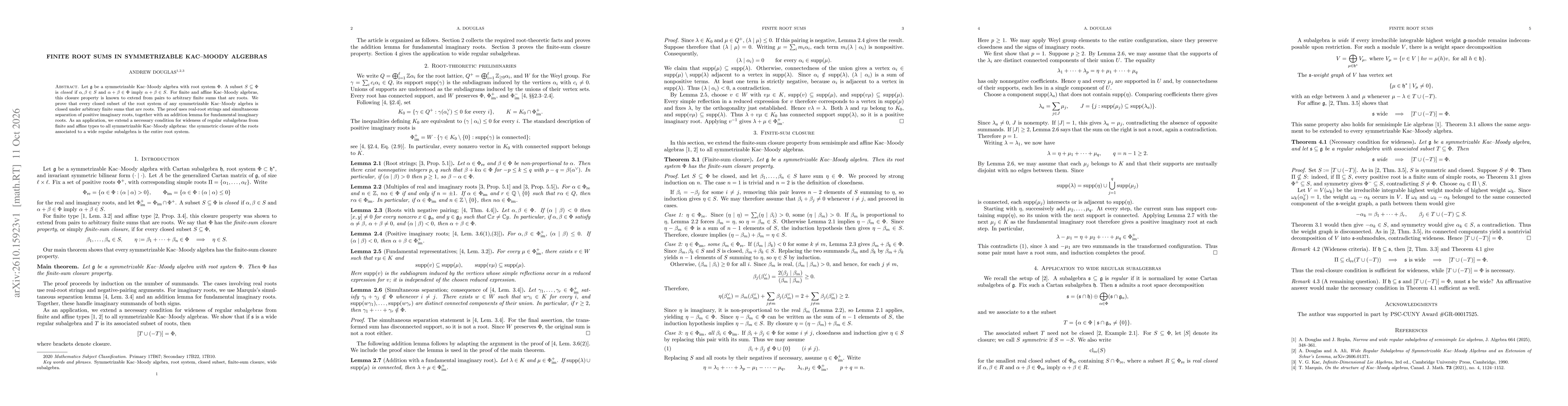 Thumbnail for Finite Root Sums in Symmetrizable Kac-Moody Algebras