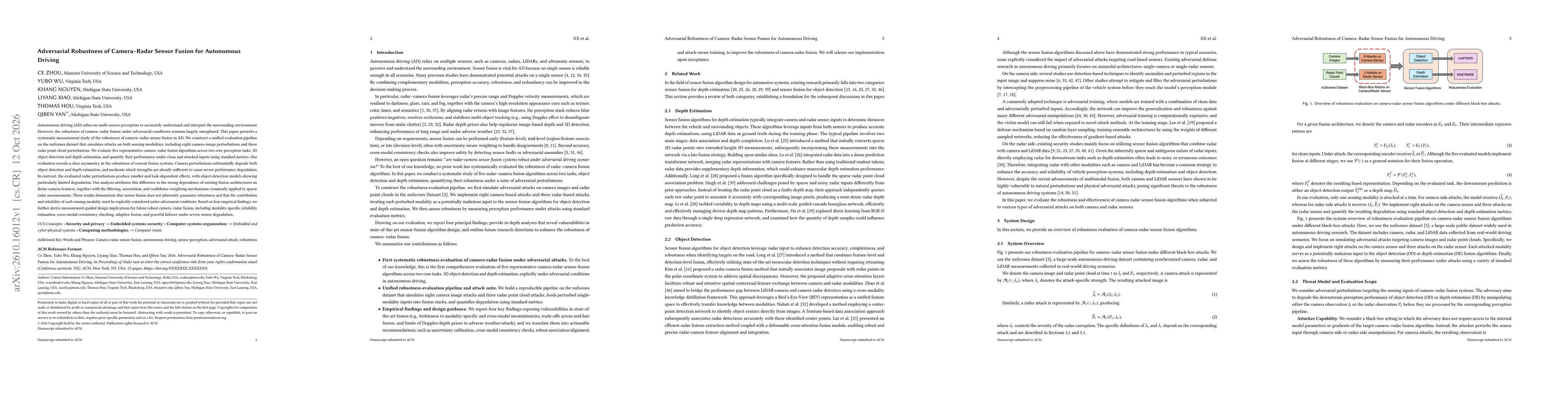 Thumbnail for Adversarial Robustness of Camera-Radar Sensor Fusion for Autonomous Driving