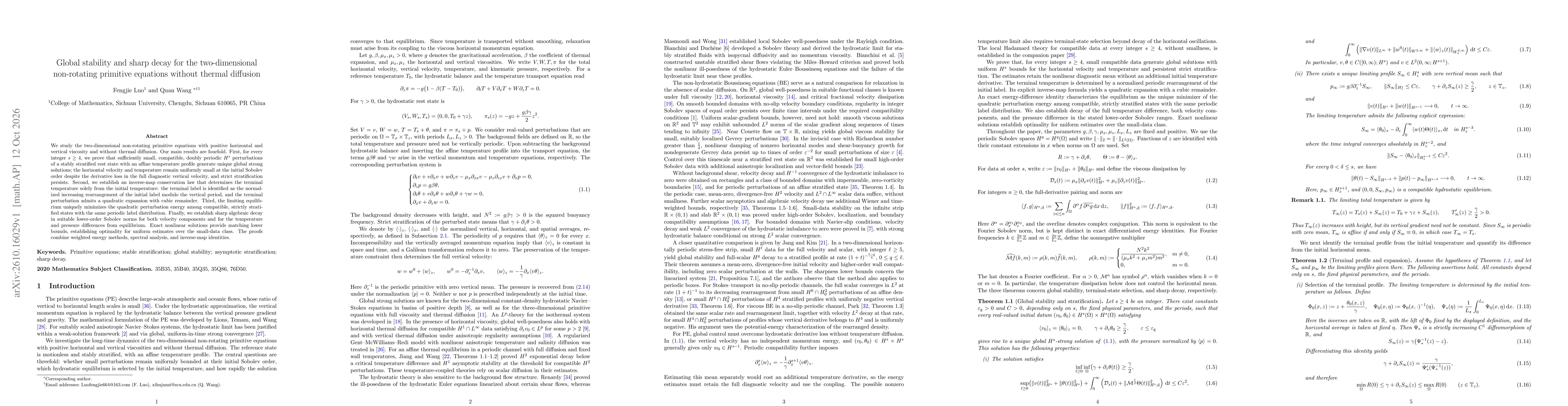 Thumbnail for Global stability and sharp decay for the two-dimensional non-rotating primitive equations without thermal diffusion