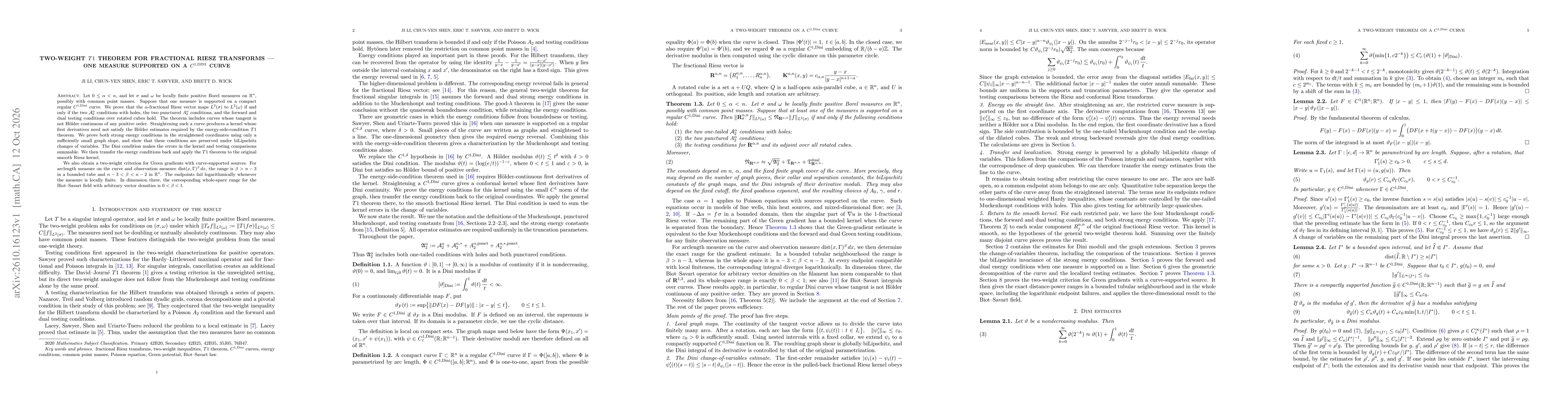 Thumbnail for Two-weight T1 theorem for fractional Riesz transforms: one measure supported on a $C^{1,\mathrm{Dini}}$ curve