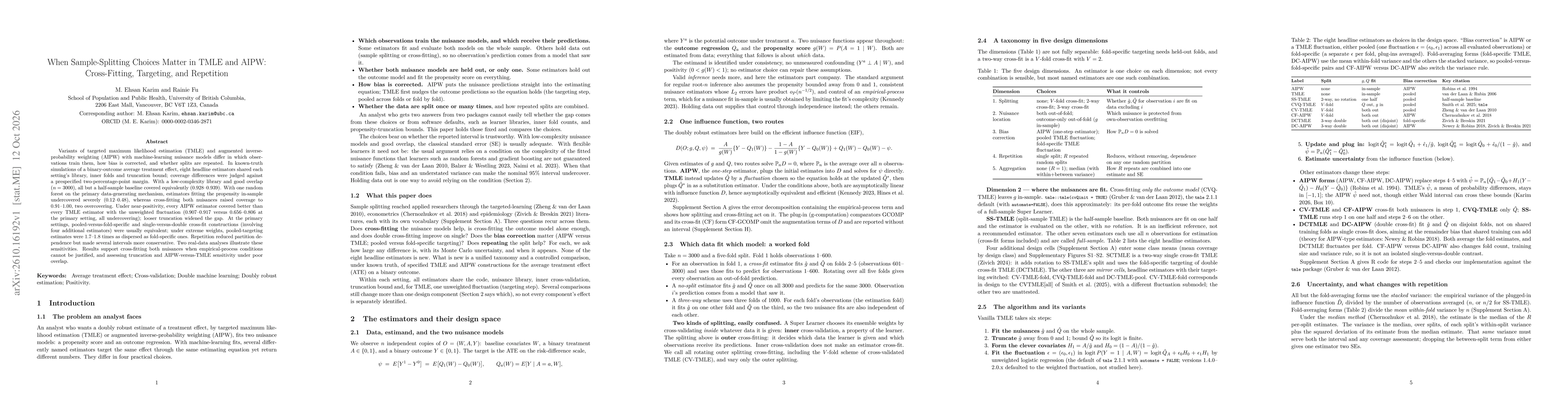 Thumbnail for When Sample-Splitting Choices Matter in TMLE and AIPW: Cross-Fitting, Targeting, and Repetition