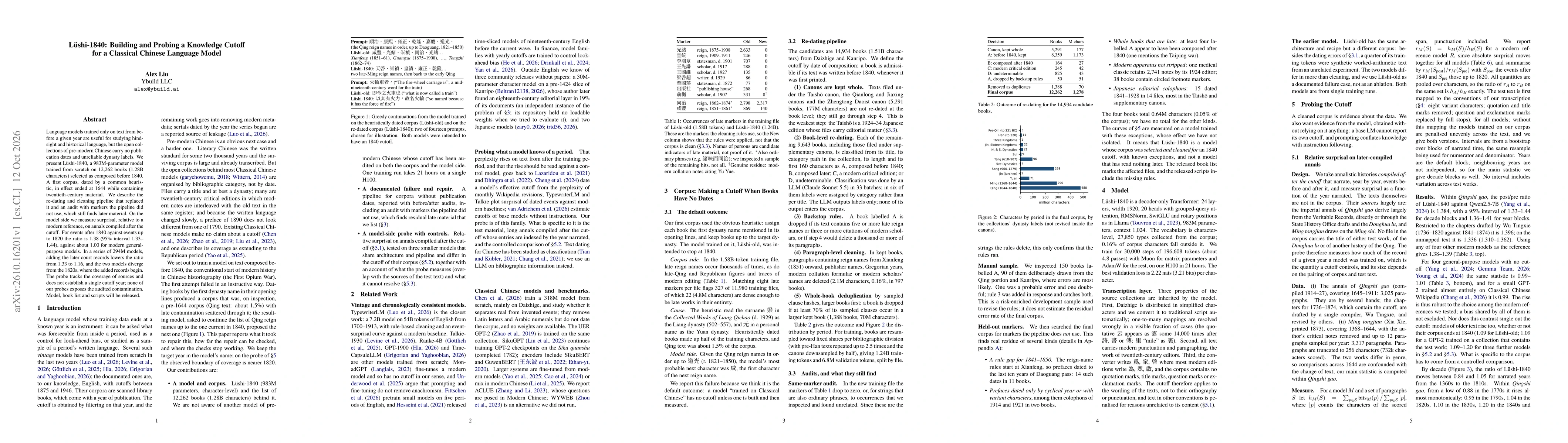 Thumbnail for Lüshi-1840: Building and Probing a Knowledge Cutoff for a Classical Chinese Language Model
