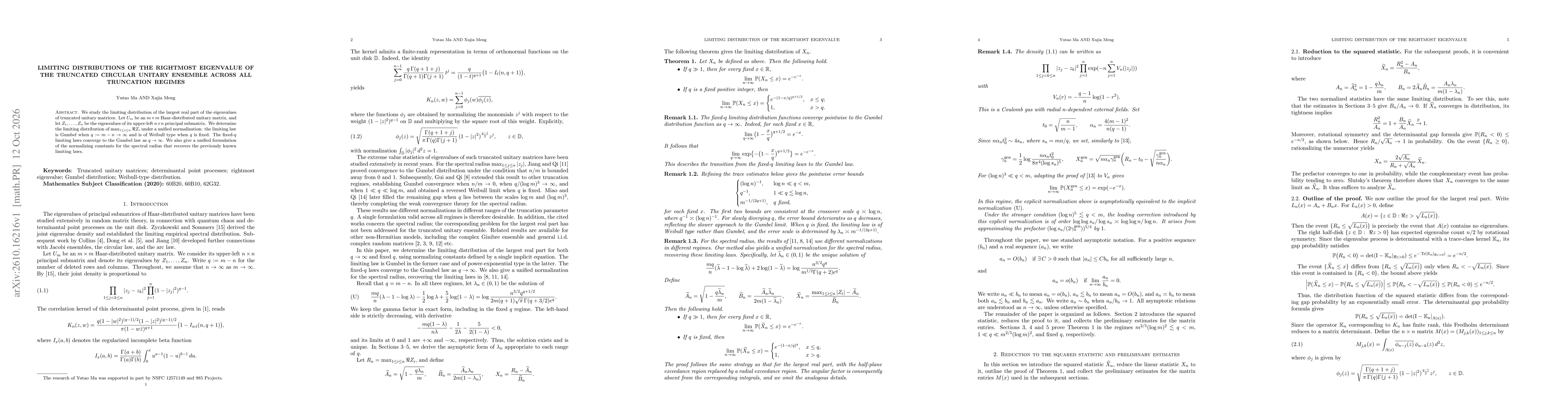 Thumbnail for Limiting distributions of the rightmost eigenvalue of the truncated circular Unitary ensemble across all truncation regimes