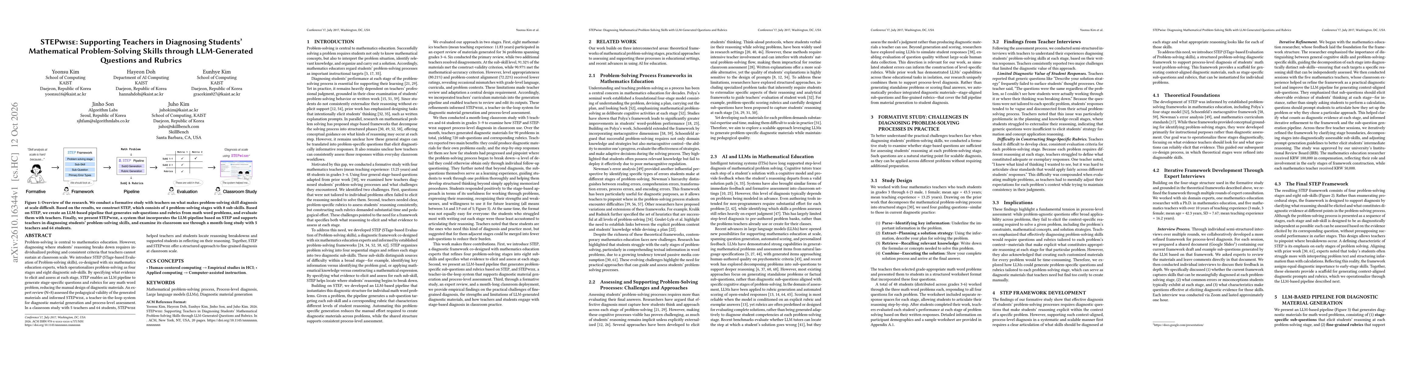 Thumbnail for STEPwise: Supporting Teachers in Diagnosing Students' Mathematical Problem-Solving Skills through LLM-Generated Questions and Rubric