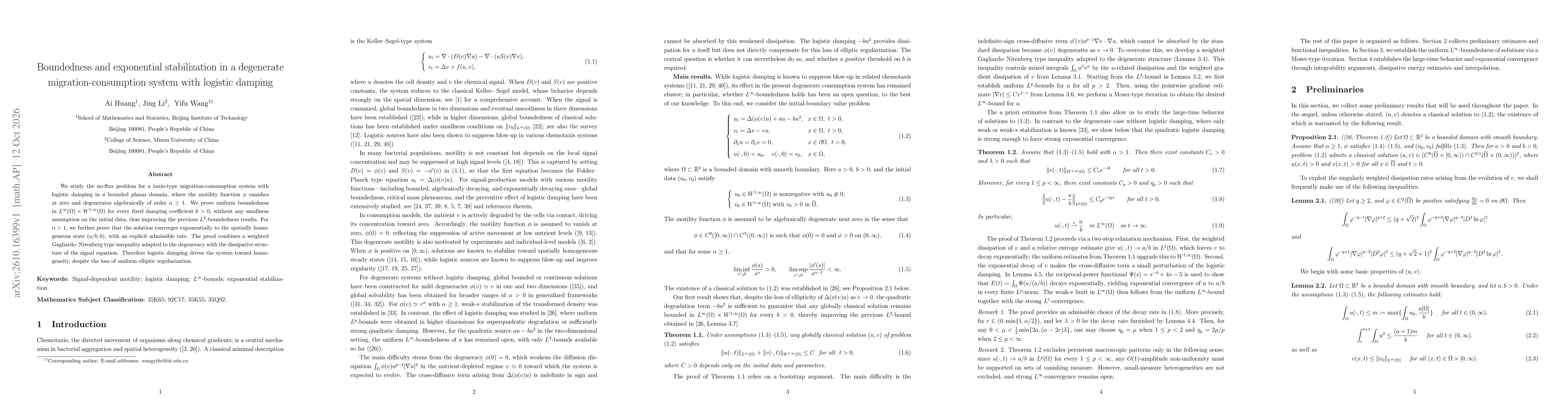 Thumbnail for Boundedness and exponential stabilization in a degenerate migration-consumption system with logistic damping