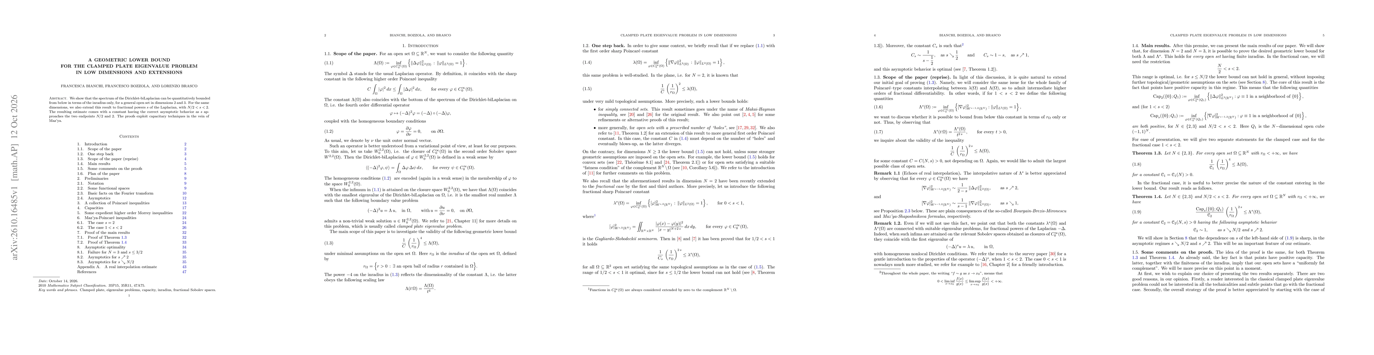 Thumbnail for A geometric lower bound for the clamped plate eigenvalue problem in low dimensions and extensions