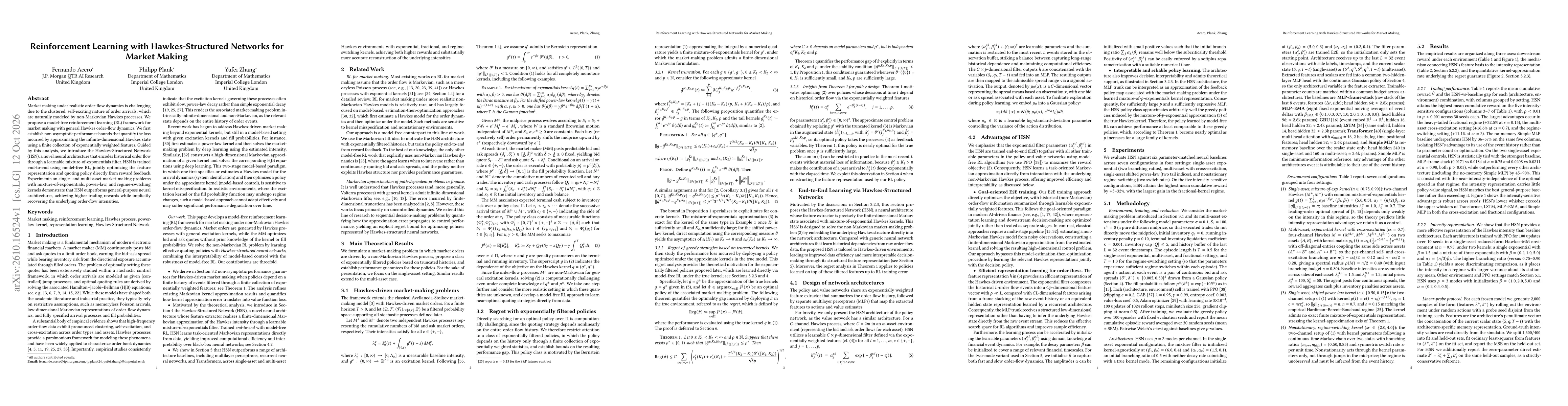 Thumbnail for Reinforcement Learning with Hawkes-Structured Networks for Market Making