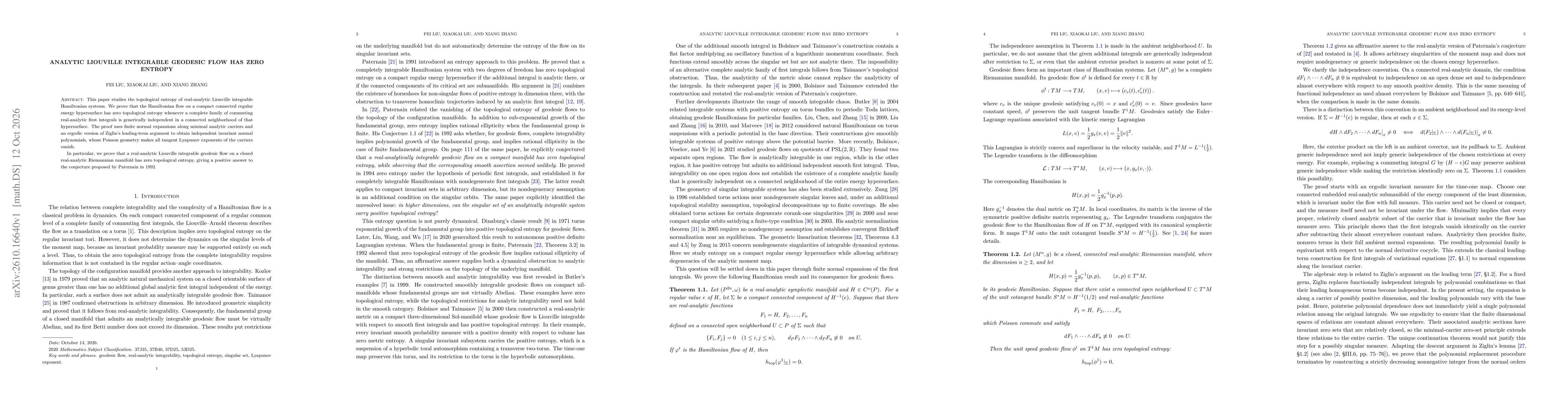 Thumbnail for Analytic Liouville Integrable Geodesic Flow Has Zero Entropy