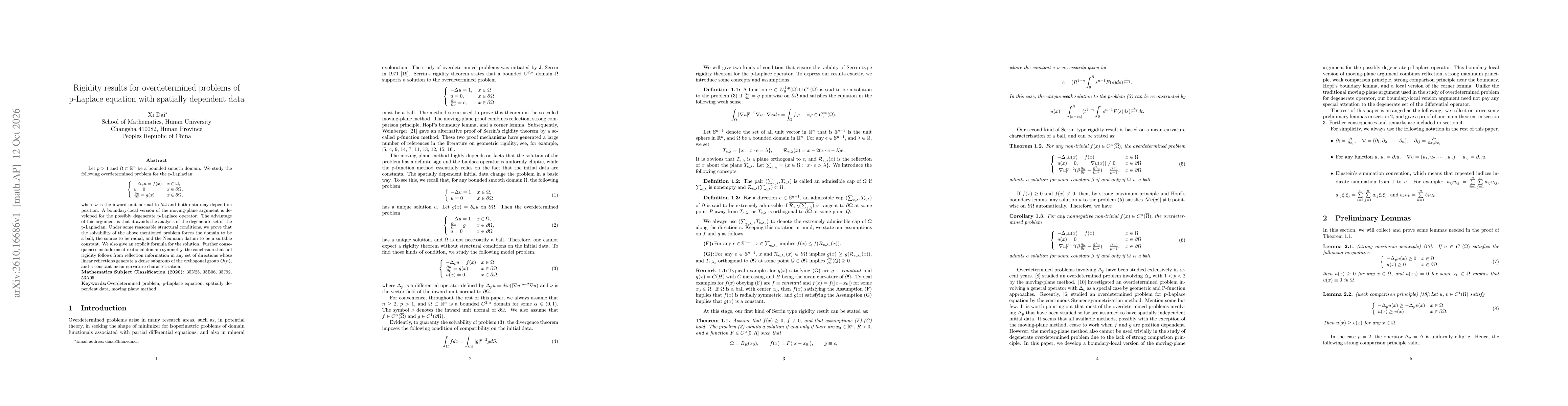 Thumbnail for Rigidity results for overdetermined problems of p-Laplace equation with spatially dependent data