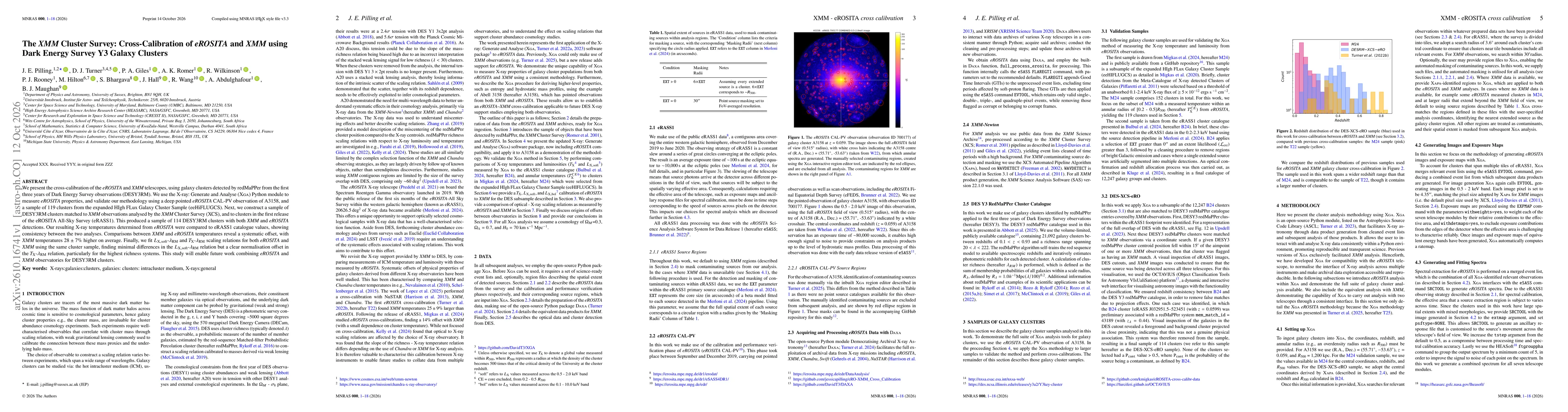 Thumbnail for The XMM Cluster Survey: Cross-Calibration of eROSITA and XMM using Dark Energy Survey Y3 Galaxy Clusters