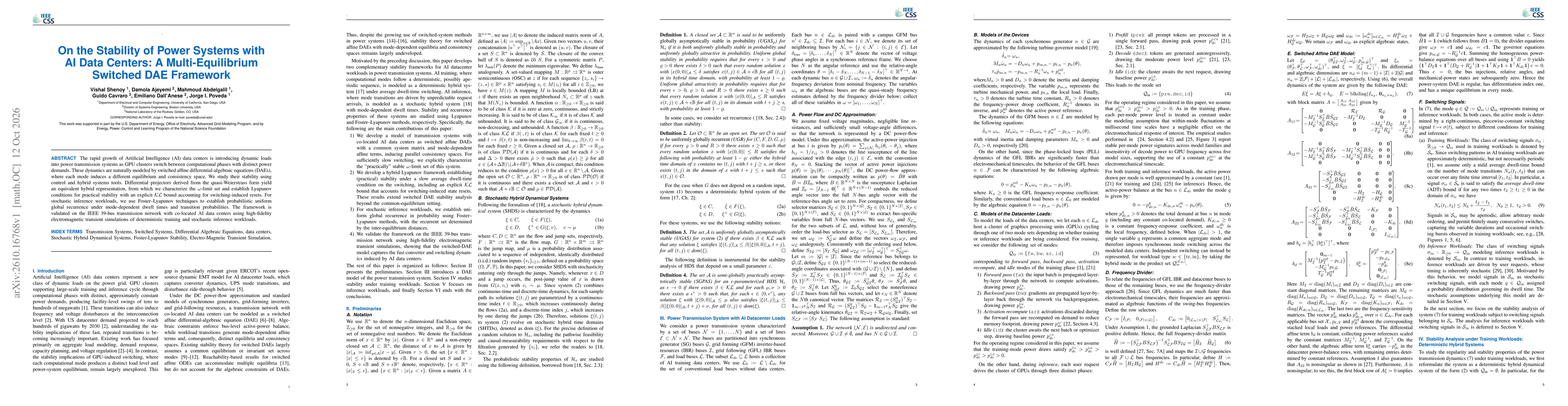 Thumbnail for On the Stability of Power Systems with AI Data Centers: A Multi-Equilibrium Switched DAE Framework
