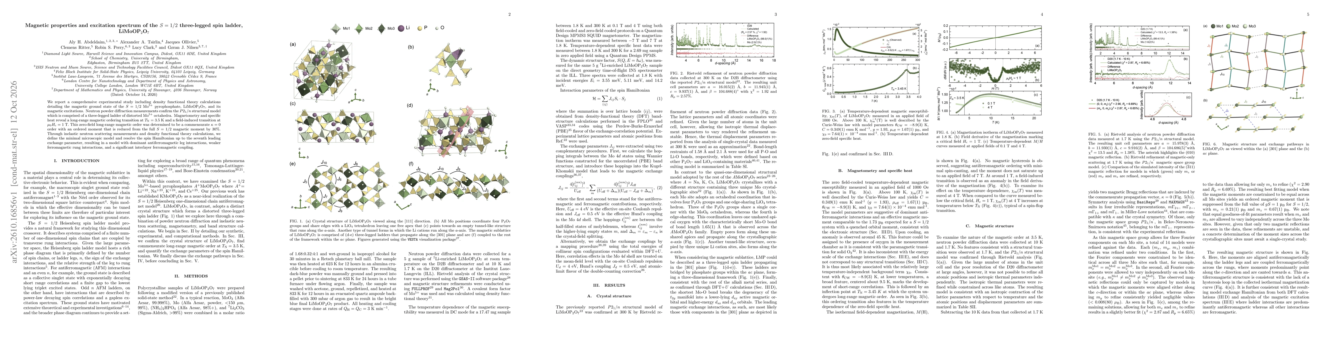 Thumbnail for Magnetic properties and excitation spectrum of the S = 1/2 three-legged spin ladder, LiMoOP2O7